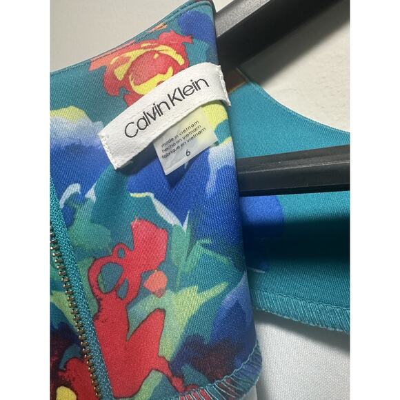 Calvin Klein Women's Floral Sheath Dress Size 6 Teal Multicolor Short Sleeve - Picture 2 of 8